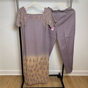 Purple and Cream Floral Kurta with Pants Set
